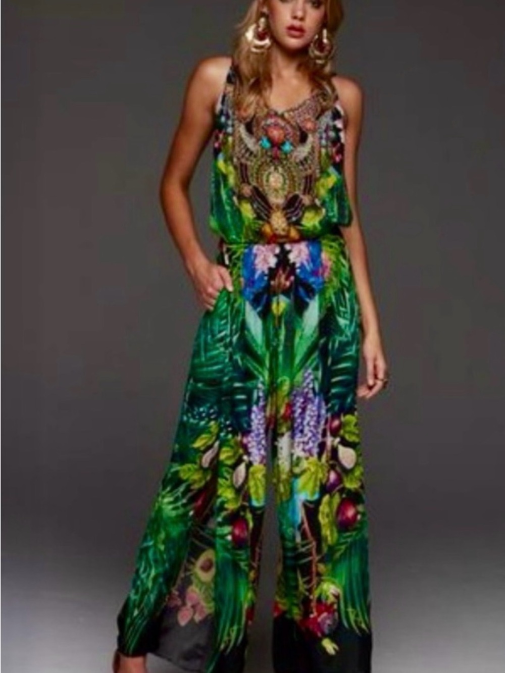 Embellished Tropical Green Wide-Leg Jumpsuit